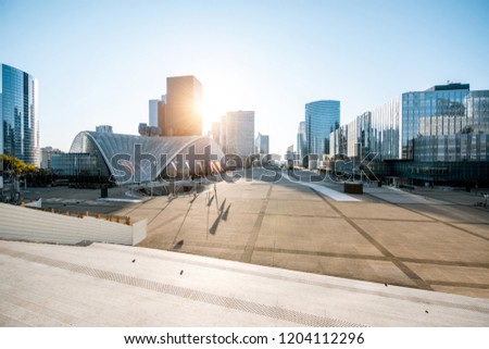 Morning cityscape view of La Defense financial district with beautiful skyscrapers in Paris