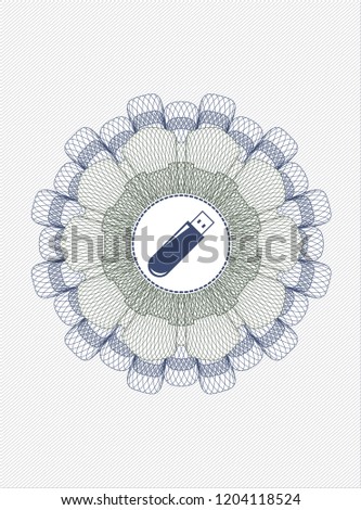 Blue and green money style emblem or rosette with flash drive icon inside