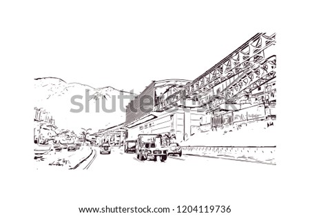 Building view with landmark of Caracas, Venezuela's capital, is a commercial and cultural center located in a northern mountain valley. Hand drawn sketch illustration in vector.