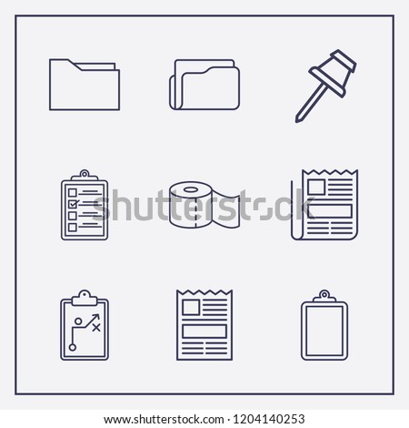 Outline 9 sheet icon set. newspaper, folder, paper pin and clipboard with tactic vector illustration