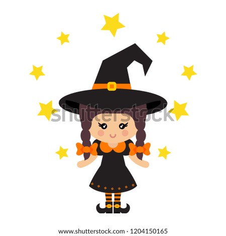 cartoon cute witch vector with braids in hat and magic stars