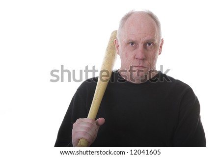 An old guy in a black shirt with a baseball bat on shoulder