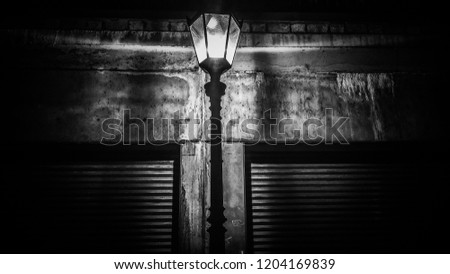 Atmospheric scene at night - monochrome shot of a street lamp in front of a wall and garage doors