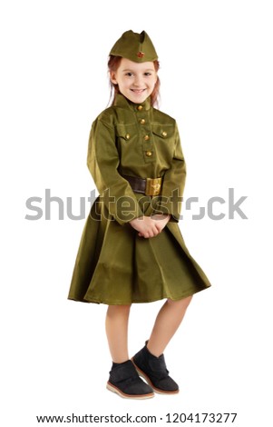 Portrait of pretty girl in USSR military uniform isolated at white background. Concept of russian soldier for 9 May holiday celebration.