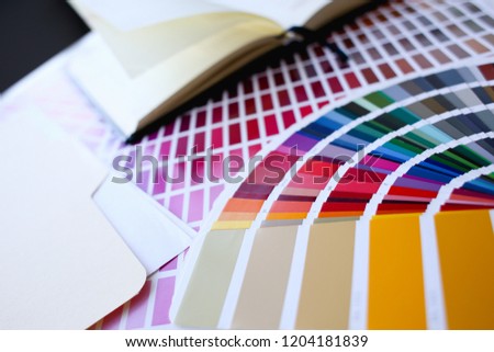 Color print of pantone statistics offset organization gives customer an order products for distribution during promotion concept