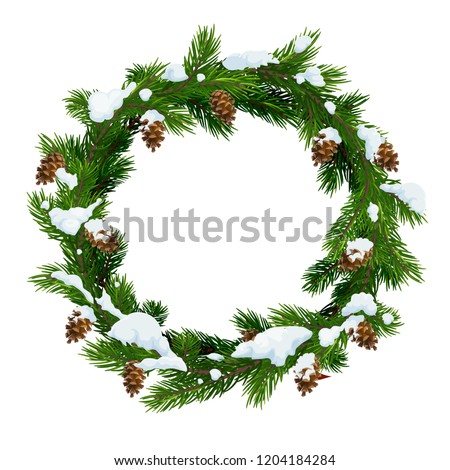 Christmas snowy wreath frame of pine, fir and spruce tree green branches with snow and cones. Vector Xmas and New Year winter holidays decoration design Royalty-Free Stock Photo #1204184284