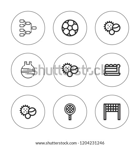 Match icon set. collection of 9 outline match icons with balls, ball, football, piece, soccer ball, tennis racket icons. editable icons.