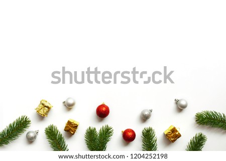 Christmas decoration object with fir branches on white background. Christmas holiday celebration and new year concept. Copy space and Top view