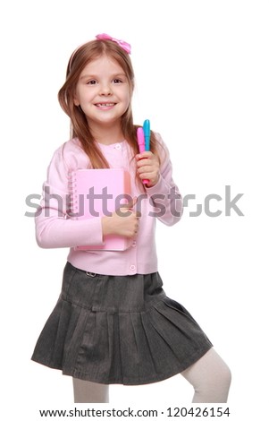 Portrait of young school girl with colorful felt-tip pens isolated on white background on Education and Art theme