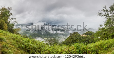 Panoramic picture of rainforest on Dominika island during stormy weather