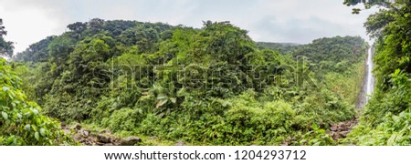 Panoramic picture of a waterfall in the rainforest on Dominca island