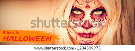 Graphic image of time to Halloween text against attractive young woman with makeup