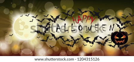 Full moon with bats with a paper banner and black pumpkin.  Eps 10 vector file.