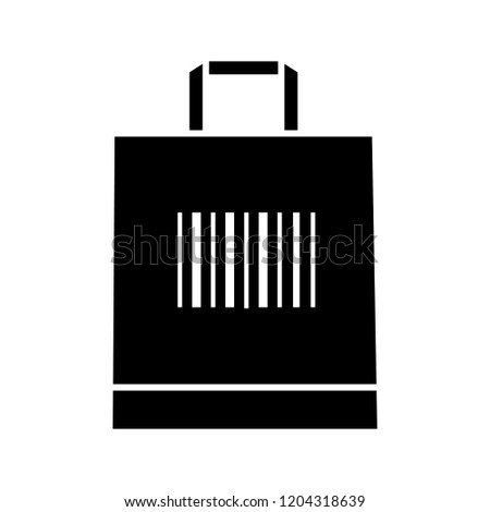 Shopping bag with barcode glyph icon. Retail. Merchandising. Using traditional linear barcodes. One dimensional code data identification silhouette symbol. Negative space. Vector isolated illustration