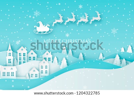 Winter urban countryside landscape village with cute paper houses, pine trees and Santa with deers flying in the sky. Merry Christmas and New Year paper art background