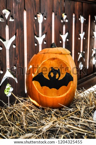 Jack o' lantern with traditional fall decoration. Halloween feeling.