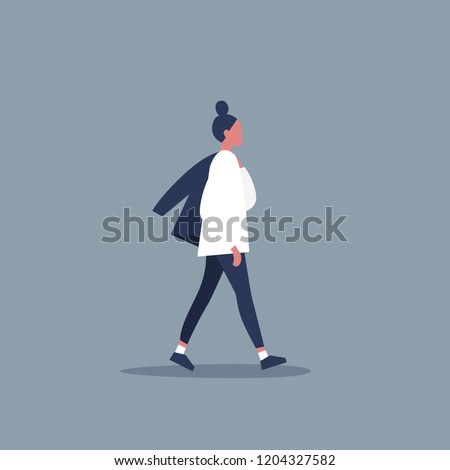 Young female modern character walking with jacket over shoulder. Lifestyle. Flat editable vector illustration, clip art