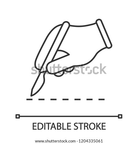 Scalpel skin incision linear icon. Plastic surgery. Thin line illustration. Surgical incision. Surgeon’s hand. Contour symbol. Vector isolated outline drawing. Editable stroke