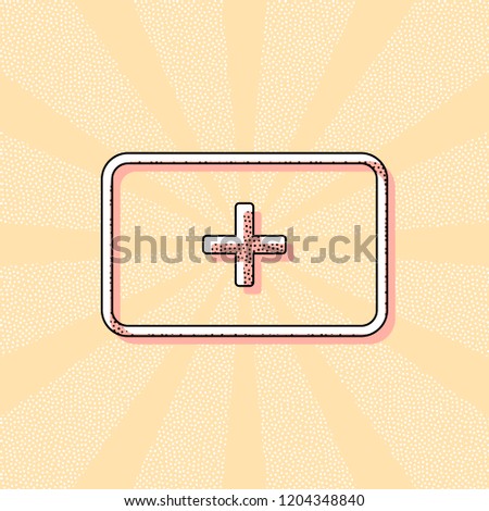 First aid box. simple icon. Vintage retro typography with offset printing effect. Dots poster with comics pop art background