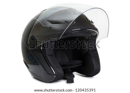 Color photo of a black protective helmet Royalty-Free Stock Photo #120435391