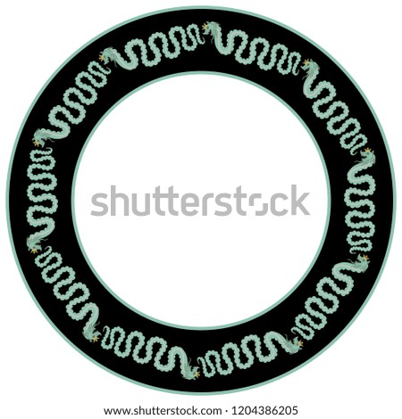 Isolated vector illustration. Abstract round decor or frame with silhouettes of fantastic crowned snakes. Based on medieval European motif. 