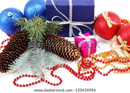 Christmas decorations and gifts on a white background