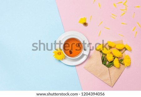 Opened envelope with yellow chrysanthemums, cup of tea on blue pink background top view flat lay. Concept Good morning, Greeting card floral background womens day 8 of march mothers day