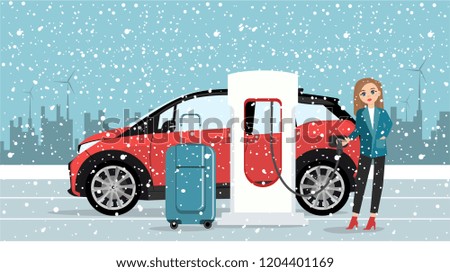 Woman traveler with baggage is renting an electric car. Vector illustration