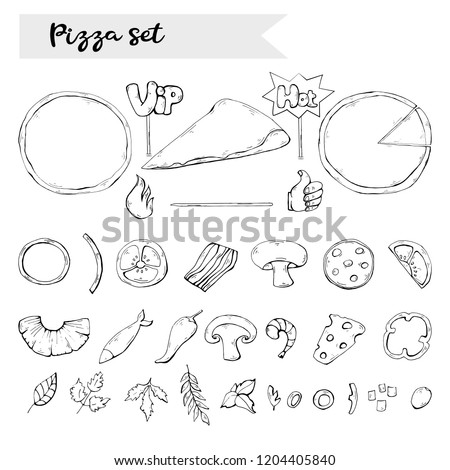 Vector pizza set,collection over white.Pizza ingredient black silhouette,sign,icon,symbol clip art collection isolated.Fast food object clip art in doodle style design.Italian food.For cooking set.