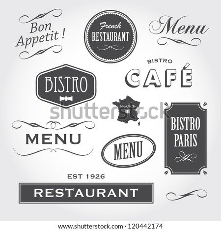Set of french vintage ornaments, badges, banners, labels, signs bistro cafe restaurant, with french font type Royalty-Free Stock Photo #120442174