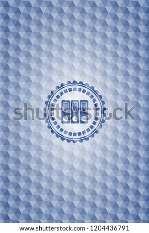 three folders icon inside blue emblem with geometric pattern background.