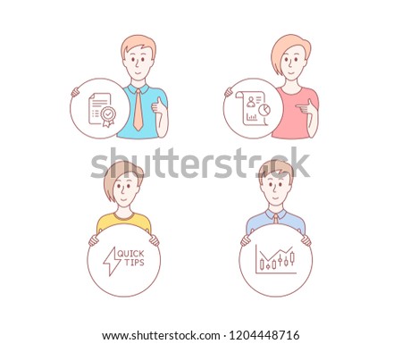 People hand drawn style. Set of Certificate, Quickstart guide and Report icons. Financial diagram sign. Verified document, Lightning symbol, Work statistics. Candlestick chart. Vector