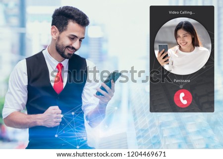 business people overseas video calling couple cute date lover using smartphone apps.