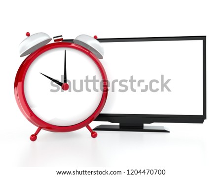 Alarm clock and modern LCD tv on white background
