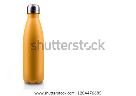 Yellow-matte, empty stainless thermo water bottle close-up isolated on white background. Studio photography