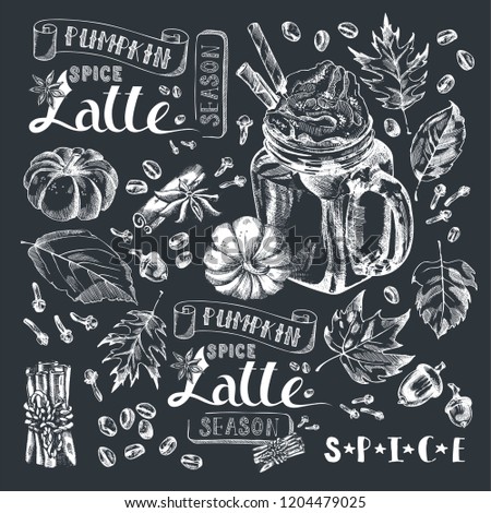 Pumpkin Spice Latte Coffee, Autumn Holiday Hot Drink Illustration. Festive beverage with title, spice and fall foliage decoration, acorns. Engraved style vector artwork. Good for cafe menus, bar ads