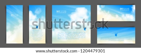 Set of different backgrounds with realistic beige-blue sky and cumulus clouds. The image can be used to design a banner, flyer and postcard.