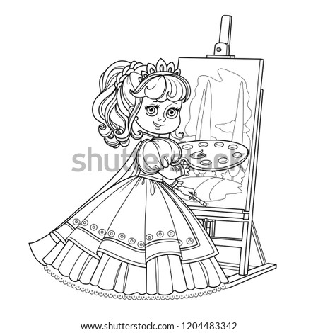 Beautiful princess with a palette, brush and easel outlined picture for coloring book on white background