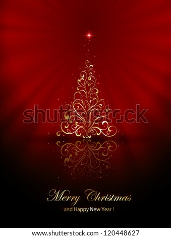 Abstract red background with golden Christmas tree, illustration.