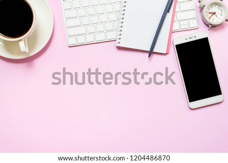 The desk is decorated with the lifestyle of people who like pink and white to bright colors and relaxed at work. Suitable for use as a background.
