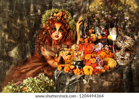 close up portrait of young beautiful girl with flower professional makeup. elf princess with flower crown on head. bright face art. fairy in Halloween decoration with pumpkins and candles