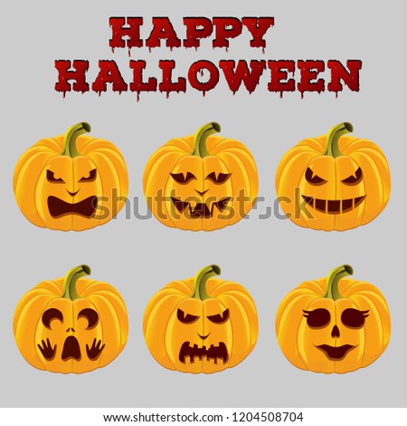 Collection of cartoon Halloween holiday pumpkins with carved faces. Jack o lanterns sticker set. Funny monsters icons.  Happy Halloween concept greeting card, digital poster. Vector illustration