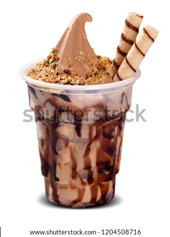 Chocolate Sundae ice cream with chocolate syrup in cup on white background. Ice Cream