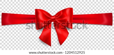 Beautiful red bow with horizontal ribbon with shadow on transparent background