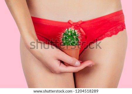 a woman in red panties is holding a green cactus in a brown pot and a razor on a pink background in the studio. The concept of depilation, epilation and removal unwanted hair in the bikini zone
