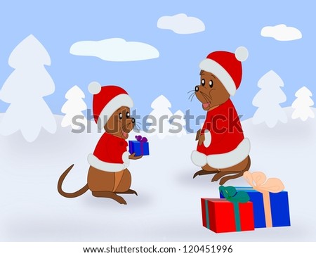 Two little mice in Santa Claus clothes,  with Christmas presents, standing in  the snow.