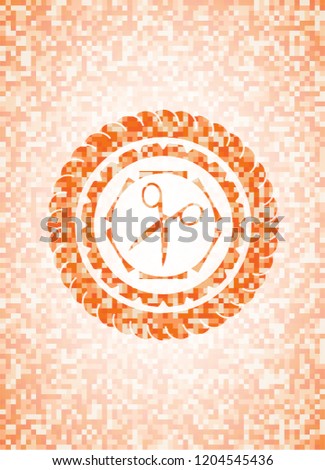 scissors icon inside abstract orange mosaic emblem