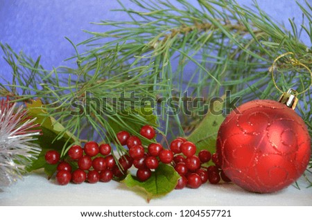 Christmas decorations. Holly, spruce, red berries, christmas bauble, conifer cone. red ball