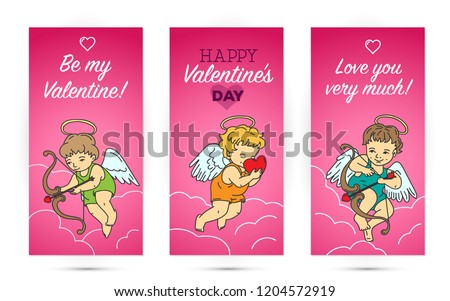 3 templates for leaflets on Valentine's Day with cupid angels with bows, sketch on pink background, calligraphy lettering