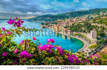 French Riviera coast with medieval town Villefranche sur Mer, Nice region, France Royalty-Free Stock Photo #1204580125